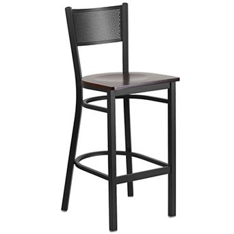 Emma and Oliver Black Metal Grid Back Barstool, Walnut Wood Seat