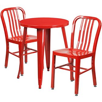Emma and Oliver Commercial Grade 24" Round Green Metal Table Set-2 Vertical Slat Back Chairs