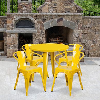 Emma and Oliver Commercial Grade 30" Round Red Metal Indoor-Outdoor Table Set with 4 Arm Chairs