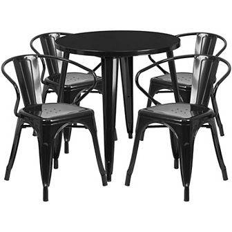 Emma and Oliver Commercial 30" Round Silver Metal Indoor-Outdoor Table Set with 4 Arm Chairs