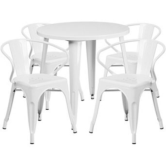 Emma and Oliver Commercial 30" Round Silver Metal Indoor-Outdoor Table Set with 4 Arm Chairs