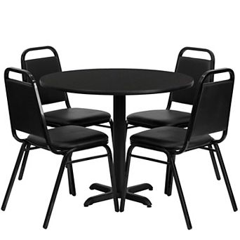 Emma and Oliver 36"RD Black Laminate Table Set-X-Base & 4 Black Banquet Chairs