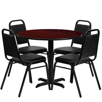 Emma and Oliver 36"RD Black Laminate Table Set-X-Base & 4 Black Banquet Chairs