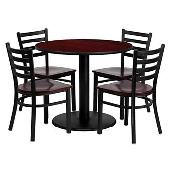 Emma and Oliver 36" Round Mahogany Laminate Table Set, 4 Ladder Back Metal Chairs
