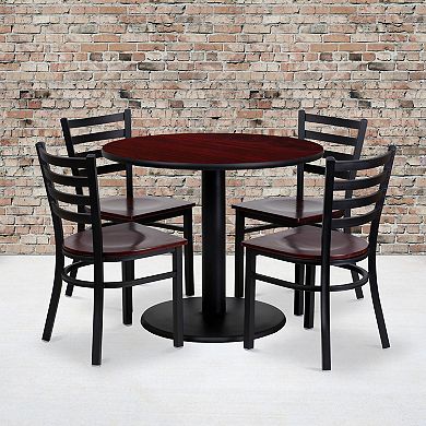 Emma and Oliver 36" Round Mahogany Laminate Table Set, 4 Ladder Back Metal Chairs