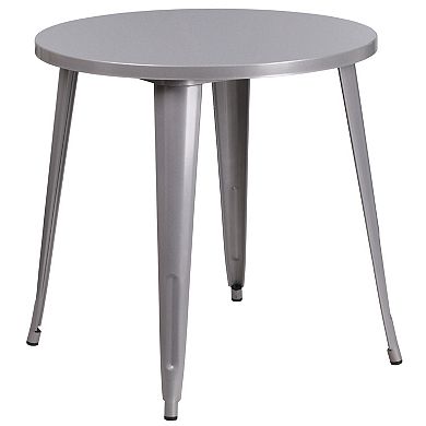 Emma and Oliver Commercial Grade 30" Round Silver Metal Table Set-2 Vertical Slat Back Chairs