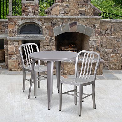 Emma and Oliver Commercial Grade 30" Round Silver Metal Table Set-2 Vertical Slat Back Chairs
