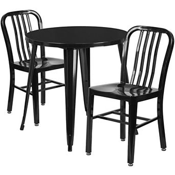 Emma and Oliver Commercial Grade 30" Round Black Metal Table Set-2 Vertical Slat Back Chairs