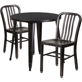 Emma and Oliver Commercial Grade 30" Round Silver Metal Table Set-2 Vertical Slat Back Chairs