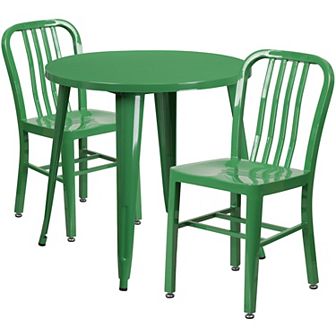 Emma and Oliver Commercial Grade 30" Round Black Metal Table Set-2 Vertical Slat Back Chairs