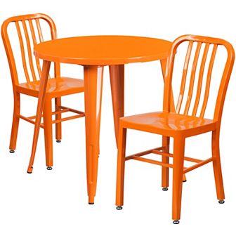 Emma and Oliver Commercial Grade 30" Round Black Metal Table Set-2 Vertical Slat Back Chairs