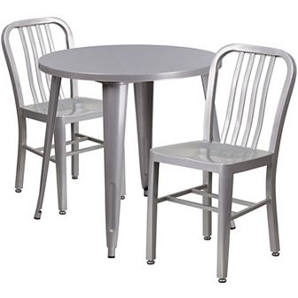 Emma and Oliver Commercial Grade 30" Round Black Metal Table Set-2 Vertical Slat Back Chairs