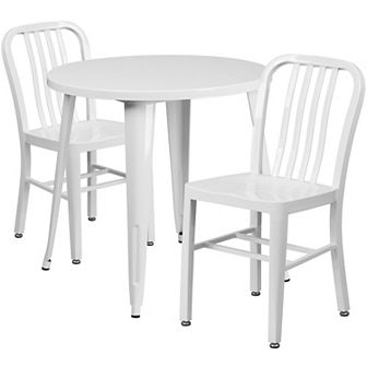 Emma and Oliver Commercial Grade 30" Round Black Metal Table Set-2 Vertical Slat Back Chairs