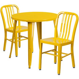 Emma and Oliver Commercial Grade 30" Round Black Metal Table Set-2 Vertical Slat Back Chairs