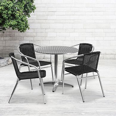 Emma and Oliver 31.5" Round Aluminum Table Set-4 Dark Brown Rattan Chairs