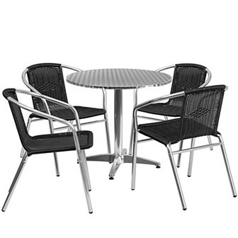 Emma and Oliver 31.5" Round Aluminum Table Set-4 Dark Brown Rattan Chairs
