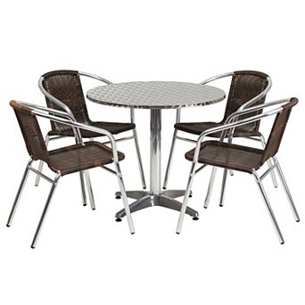 Emma and Oliver 31.5" Round Aluminum Table Set-4 Dark Brown Rattan Chairs