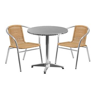 Emma and Oliver 27.5" Round Aluminum Table Set-2 Black Rattan Chairs
