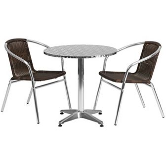 Emma and Oliver 27.5" Round Aluminum Table Set-2 Black Rattan Chairs