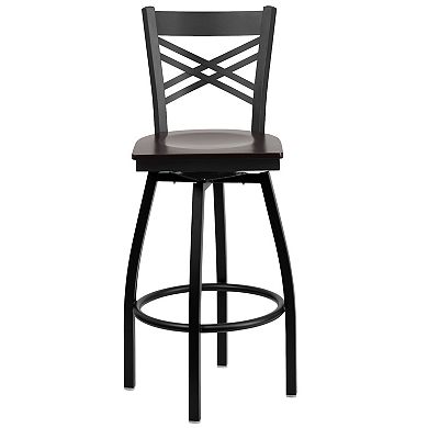 Emma and Oliver Black Metal "X" Back Swivel Barstool, Walnut Wood Seat