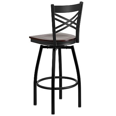 Emma and Oliver Black Metal "X" Back Swivel Barstool, Walnut Wood Seat