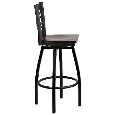 Emma and Oliver Black Metal "X" Back Swivel Barstool, Walnut Wood Seat