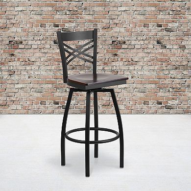 Emma and Oliver Black Metal "X" Back Swivel Barstool, Walnut Wood Seat