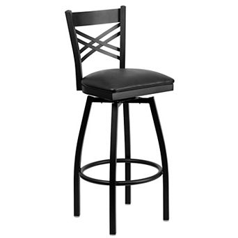 Emma and Oliver Black Metal "X" Back Swivel Barstool, Walnut Wood Seat