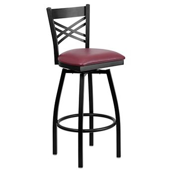 Emma and Oliver Black Metal "X" Back Swivel Barstool, Walnut Wood Seat