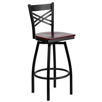 Emma and Oliver Black Metal "X" Back Swivel Barstool, Walnut Wood Seat