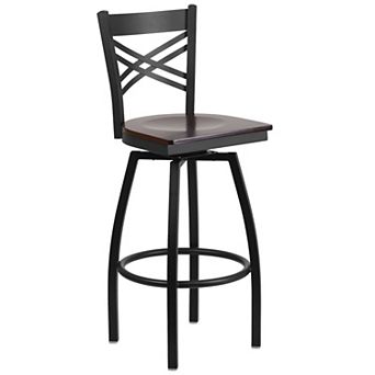 Emma and Oliver Black Metal "X" Back Swivel Barstool, Walnut Wood Seat