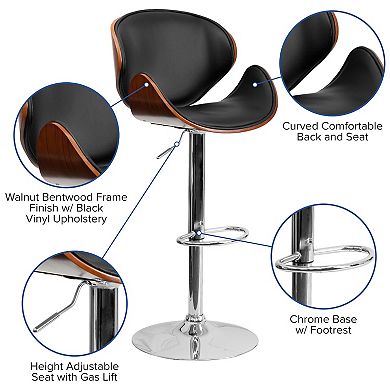 Emma and Oliver Walnut Bentwood Adjustable Height Barstool with Curved Back
