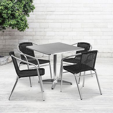 Emma and Oliver 31.5" Square Aluminum Table Set-4 Black Rattan Chairs