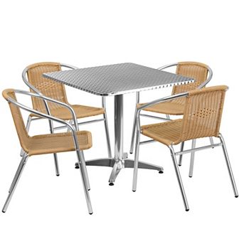 Emma and Oliver 31.5" Square Aluminum Table Set-4 Black Rattan Chairs