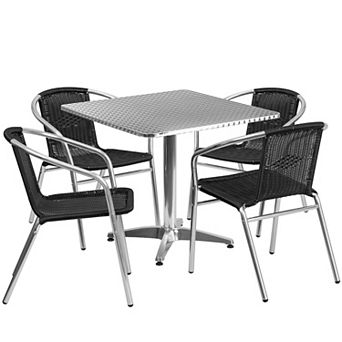 Emma and Oliver 31.5" Square Aluminum Table Set-4 Black Rattan Chairs