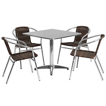 Emma and Oliver 31.5" Square Aluminum Table Set-4 Black Rattan Chairs