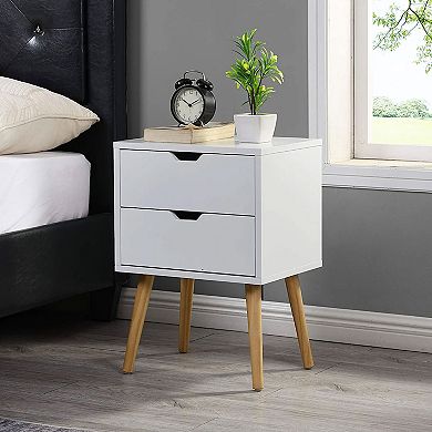 Sweetgo Modern Wooden Nightstand Table with 2 Storage Drawers, White, Set of 2