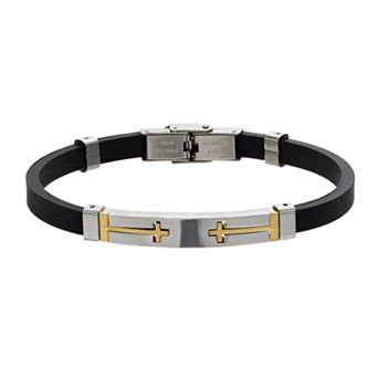 DESTINY FOR MEN Men's Two-Tone Ion-Plated Stainless Steel Cross & Black Rubber Bracelet