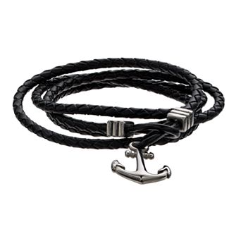 DESTINY FOR MEN Men's Stainless Steel Anchor & Black Leather Wrap Bracelet