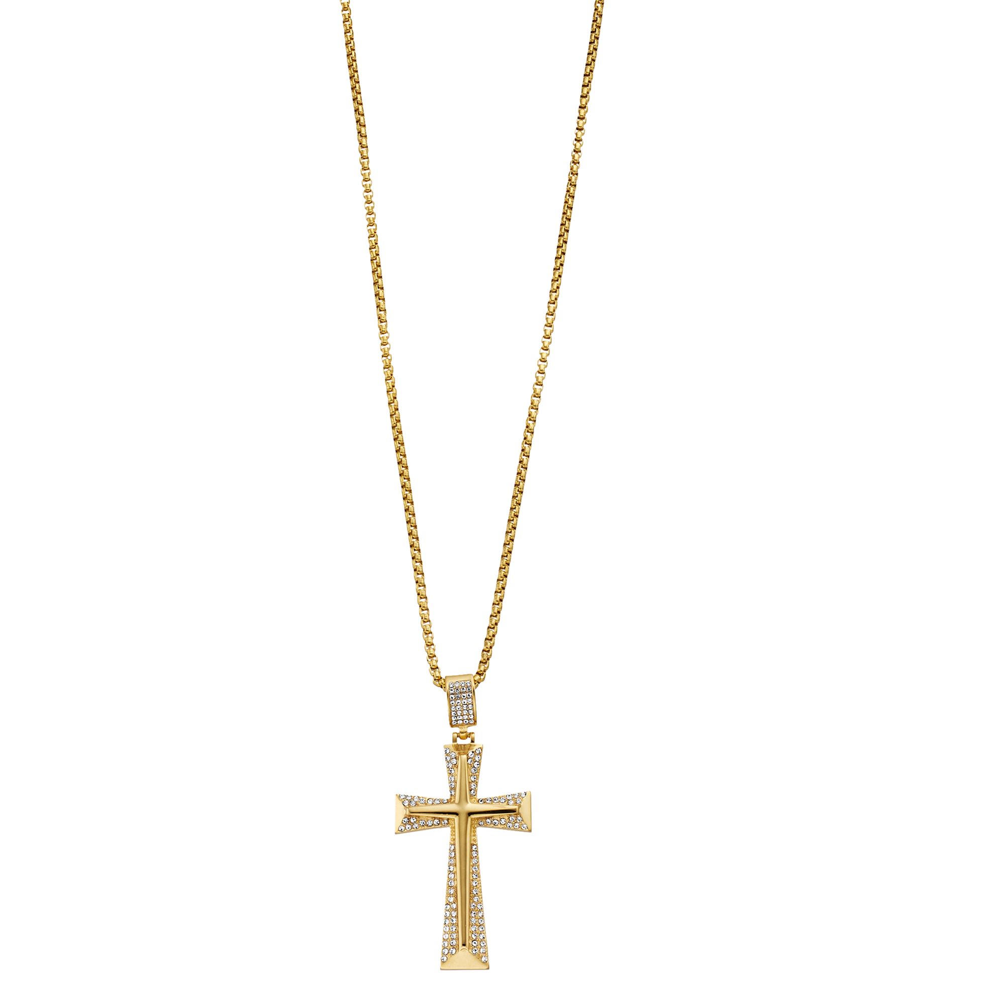 Mens Gold Tone Ion-Plated Stainless Steel Crystal Cross Pendant Necklace,