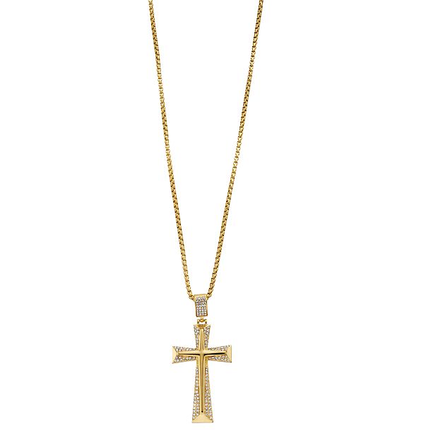 Men s Gold Tone Ion Plated Stainless Steel Crystal Cross Pendant Necklace
