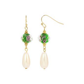 1928 Gold Tone Olivine Flower And Simulated Pearl Drop Earrings