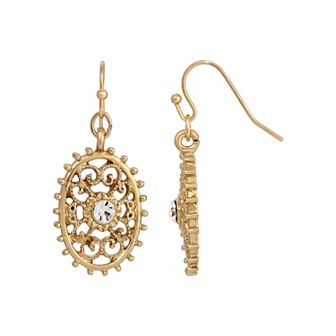 1928 Gold Tone Simulated Crystal Filigree Oval with Beaded Edge Dangle Earrings