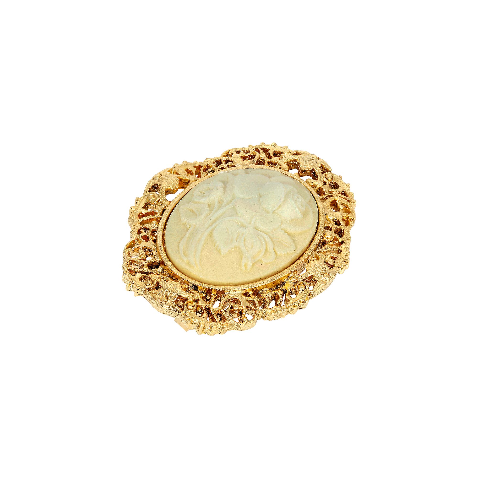 1928 Gold Tone Oval Flower Cameo Pin, Womens, Orange