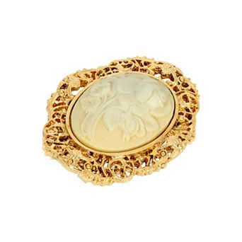 1928 Gold Tone Oval Flower Cameo Pin