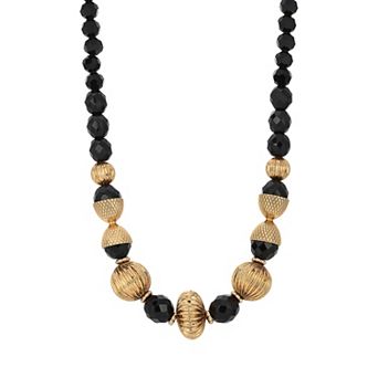 1928 Gold Tone Black Acrylic Bead Necklace