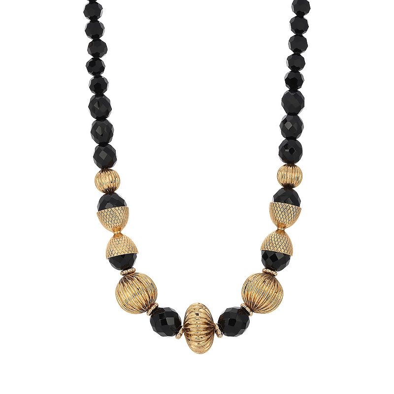 1928 Gold Tone Black Acrylic Bead Necklace, Womens