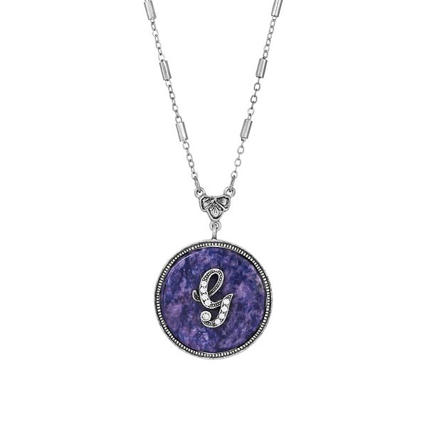 1928 Silver Tone Round Initial Pendant Necklace