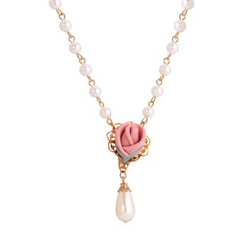 1928 Gold Tone Flower with Simulated Pearl Drop Necklace
