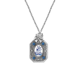 1928 Silver Tone Oval Blue Willow Mirror Necklace